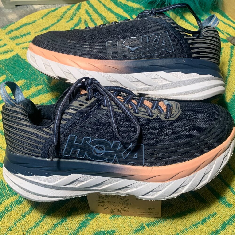 Women's Size 8.5 HOKA One One "Bondi 6" Athletic Shoes Navy Blue w/ Peach Trim - Picture 7 of 11